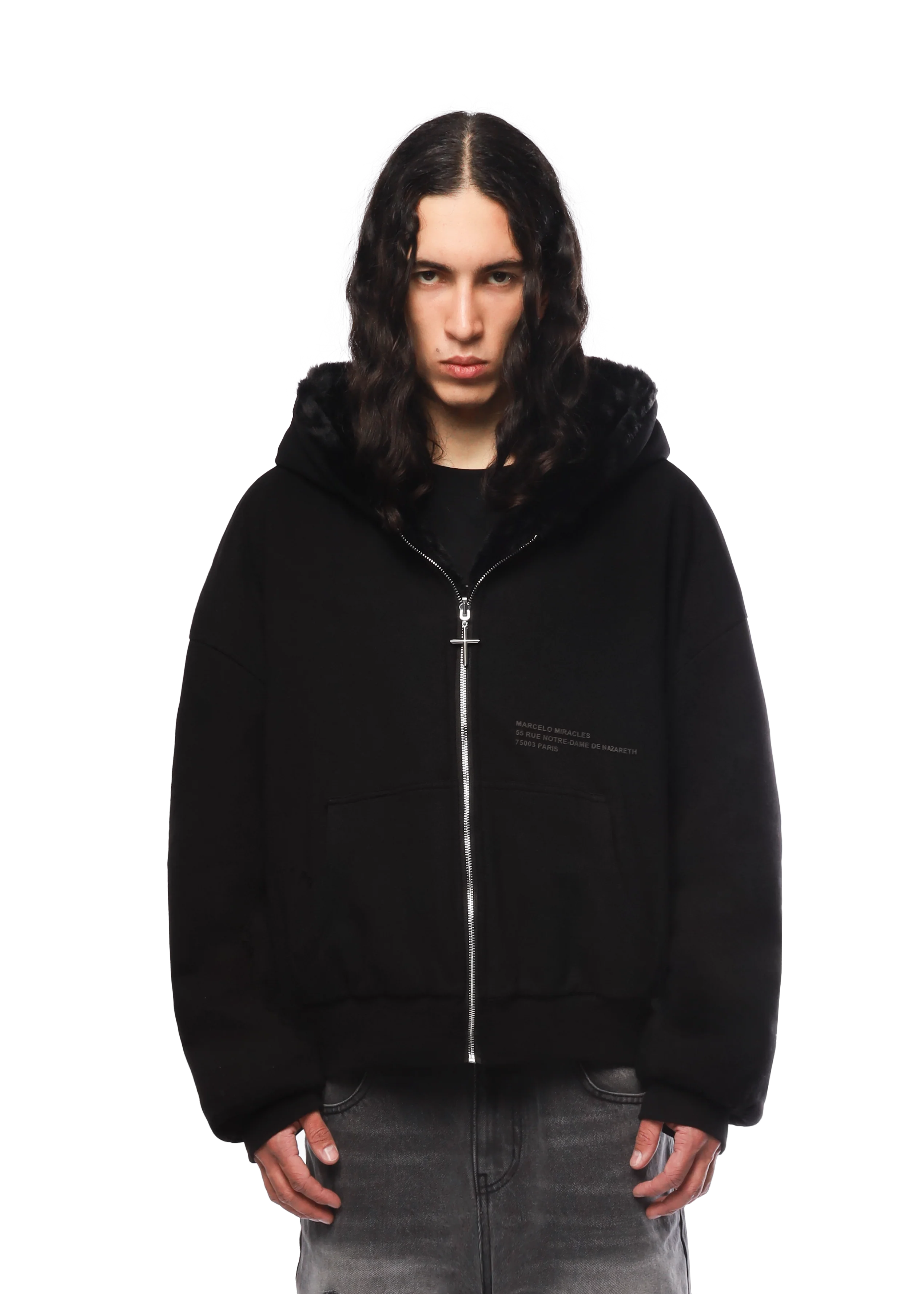 REVERSIBLE FUR ZIP HOODIE in BLACK - Image 2