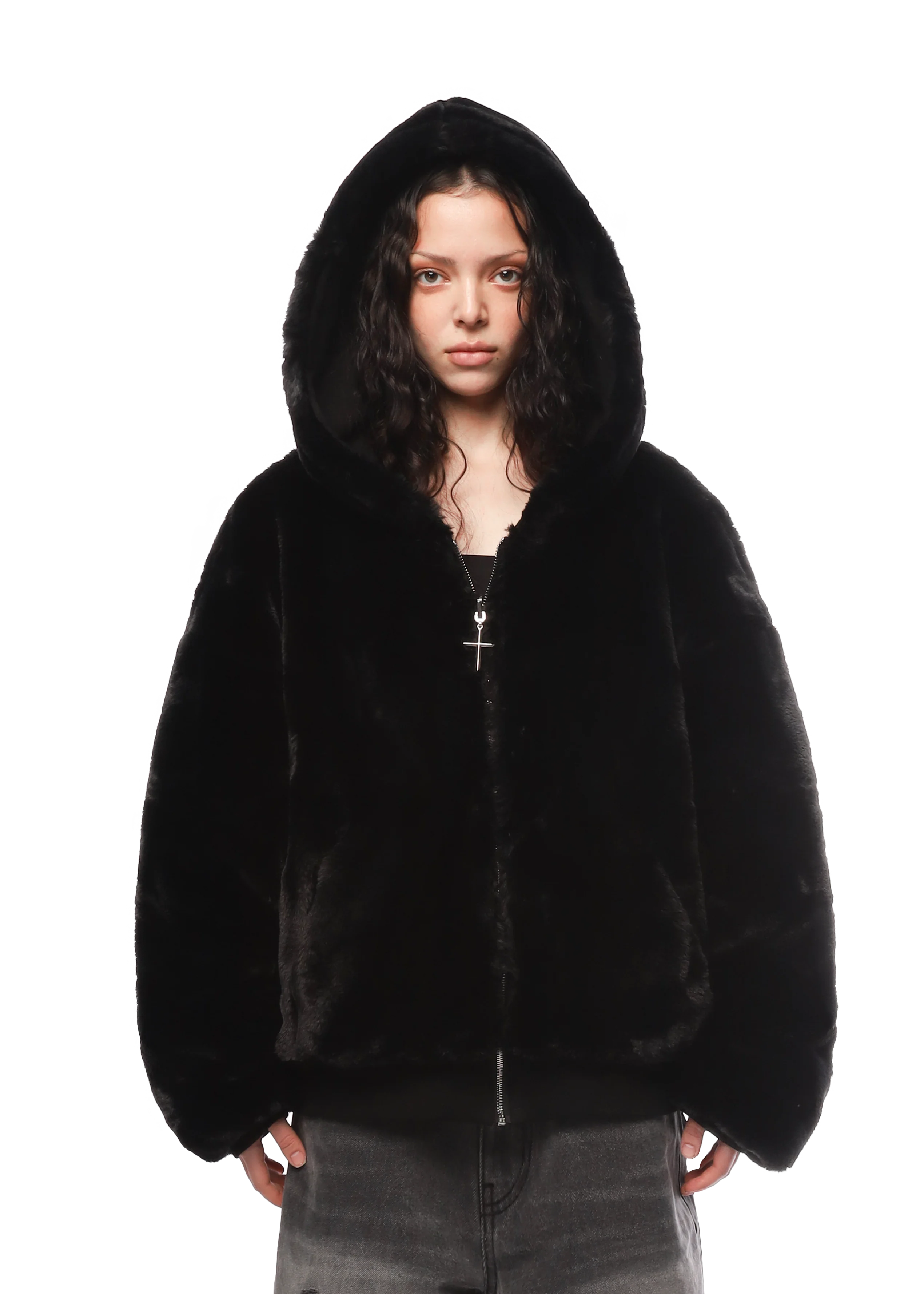REVERSIBLE FUR ZIP HOODIE in BLACK - Image 3