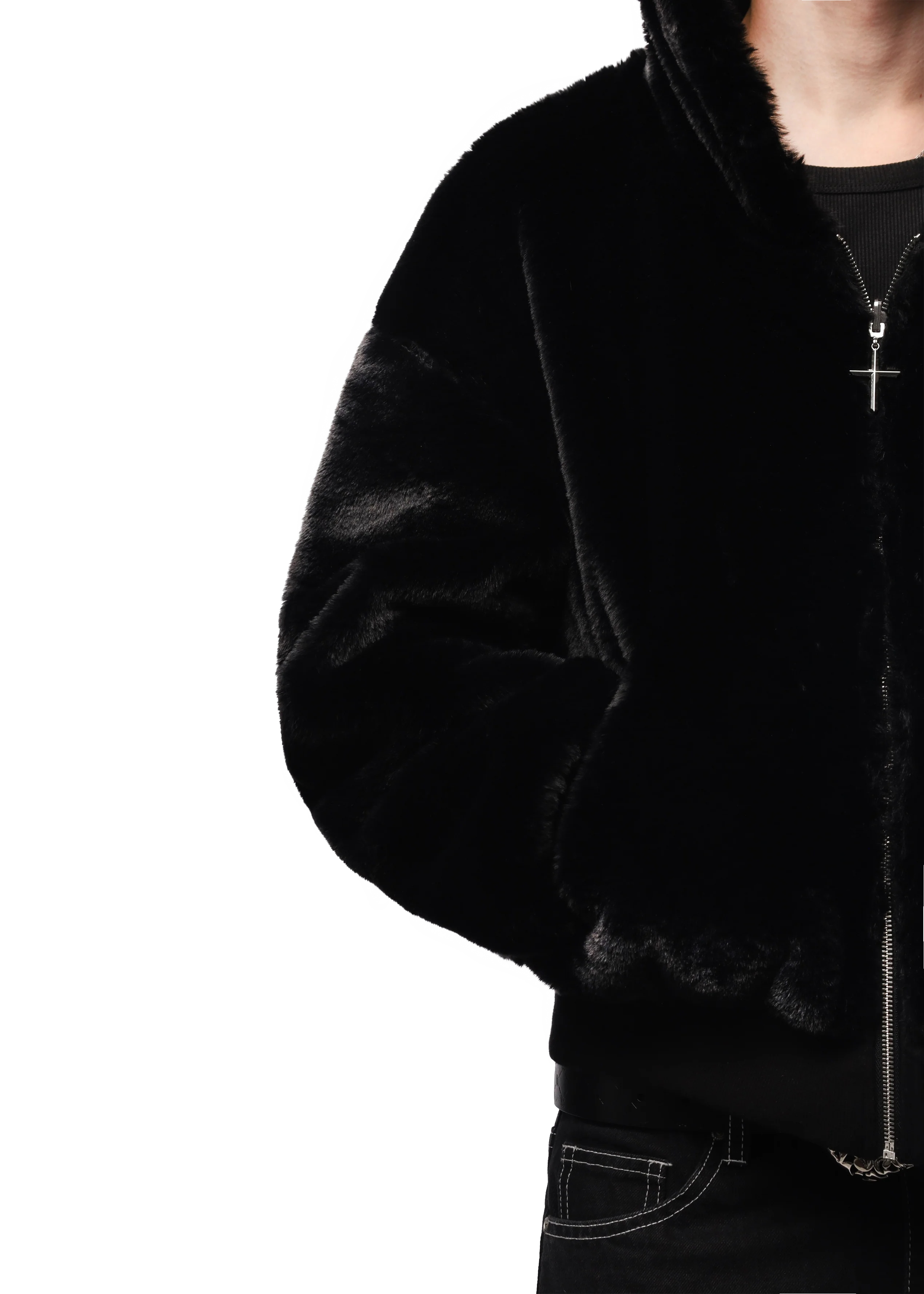 REVERSIBLE FUR ZIP HOODIE in BLACK - Image 5