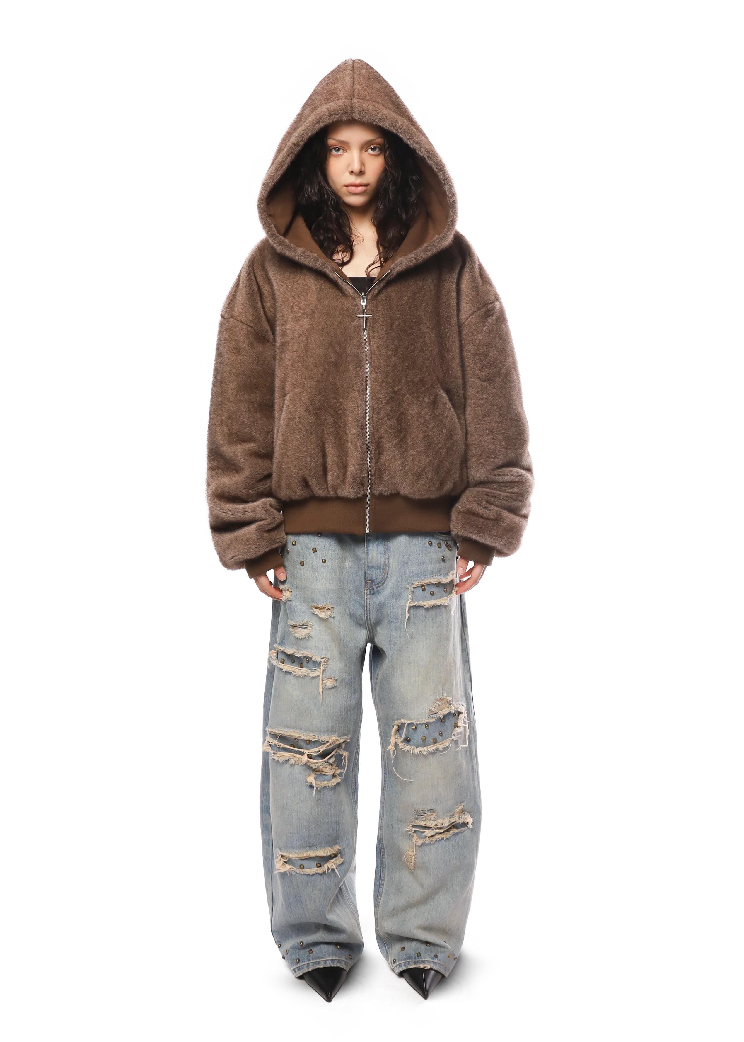 REVERSIBLE FUR ZIP HOODIE in BROWN - Image 3
